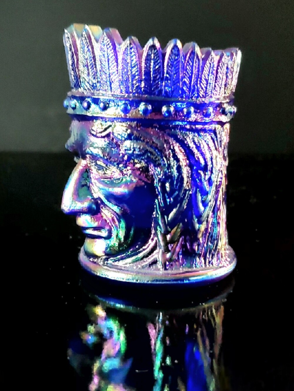 St Clair Bicentennial Blue Purple Carnival Glass Indian Head Toothpick Holder